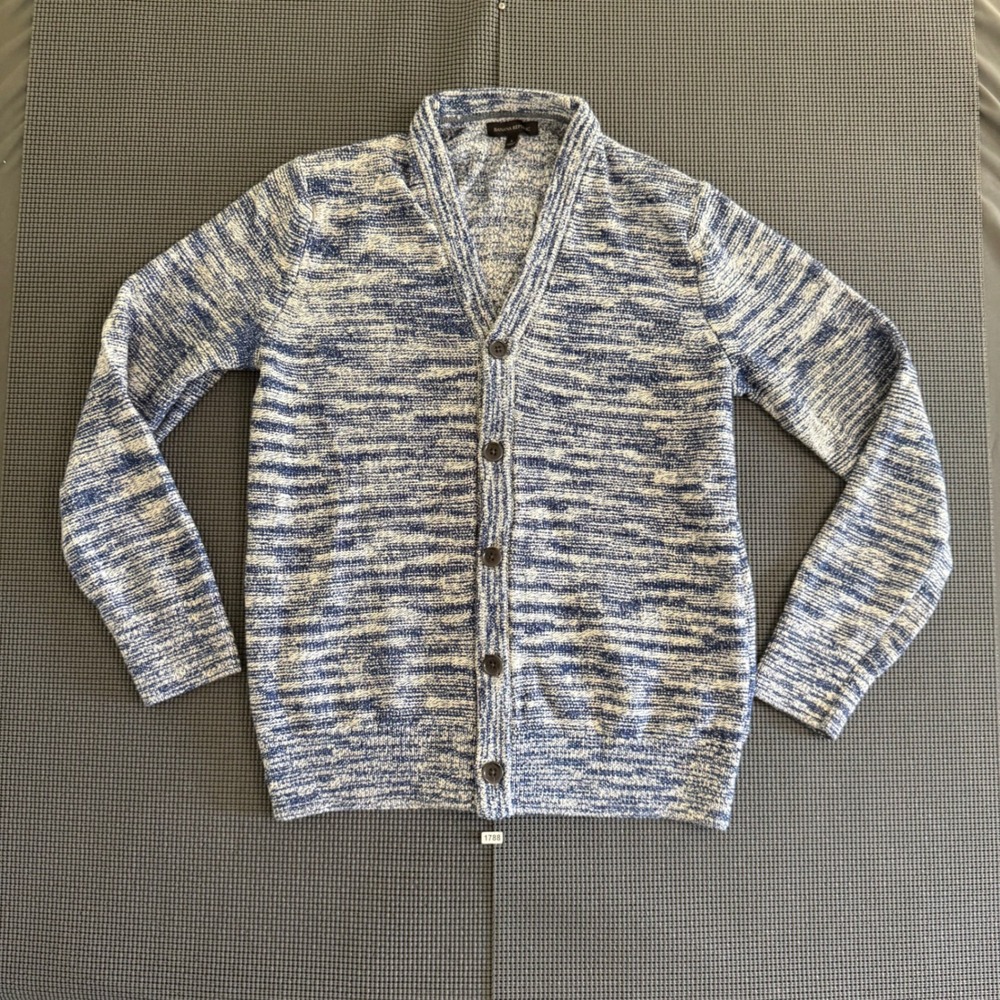 Banana Republic Mens Blue White Marled Shawl Collar Button Cardigan Sweater L